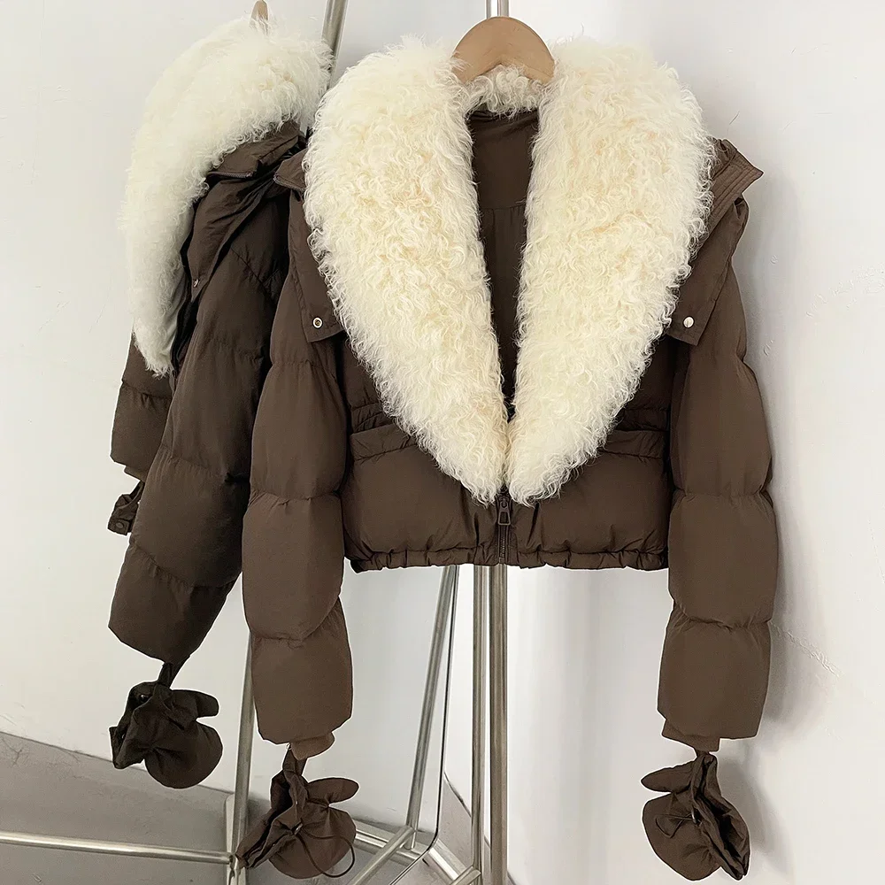 OFTBUY Neue Kapuzen-Winterjacke für Damen mit Echtem Lammfell, Entendaunen, Kurzer Echtfell-Puffermantel mit Abnehmbaren Handschuhen – Detail 13