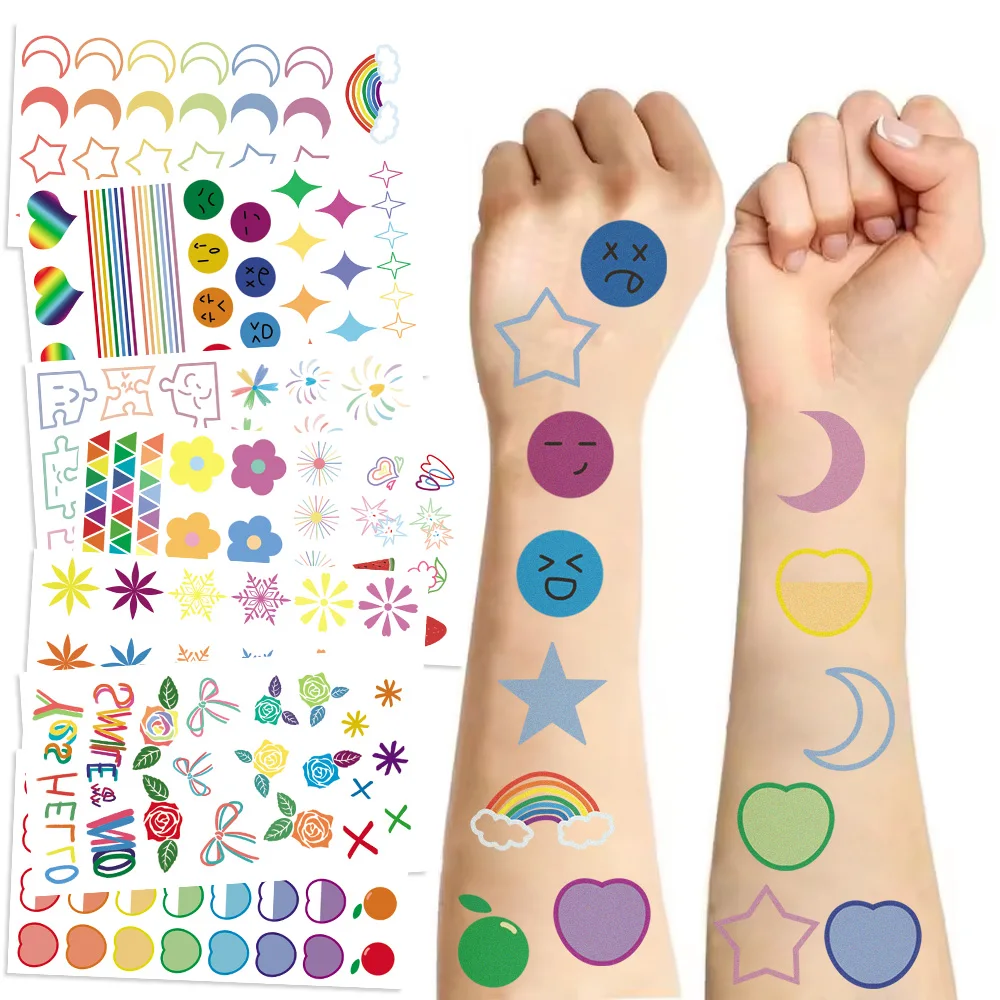 10 Sheets/Set Dazzling Elegant Style Tattoo Stickers For Girl Personalized Smiling Face Cute Rainbow Line Small And Fresh Tattoo