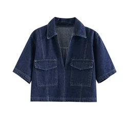 TRAF Y2K Denim Blue Women Shirt Double Pockets Cropped Blouse Elegant Short Sleeve Shirts And Blouses