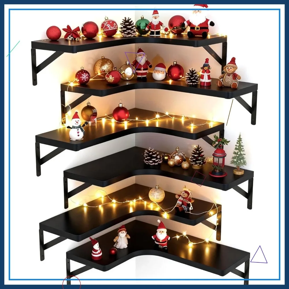 

Set of 6 Corner Floating Shelves, Rustic Wood Wall Mounted Storage for Home Decor in Black