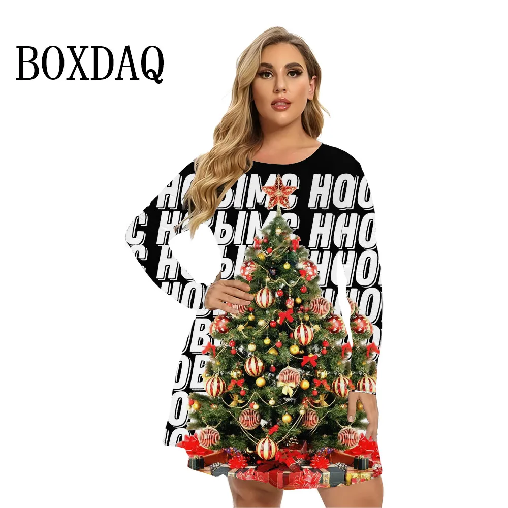 Christmas Tree Print Dresses For Women 2024 Autumn Winter New Fashion Elegant Long Sleeve Party A-Line Dress Loose Plus Size 9XL