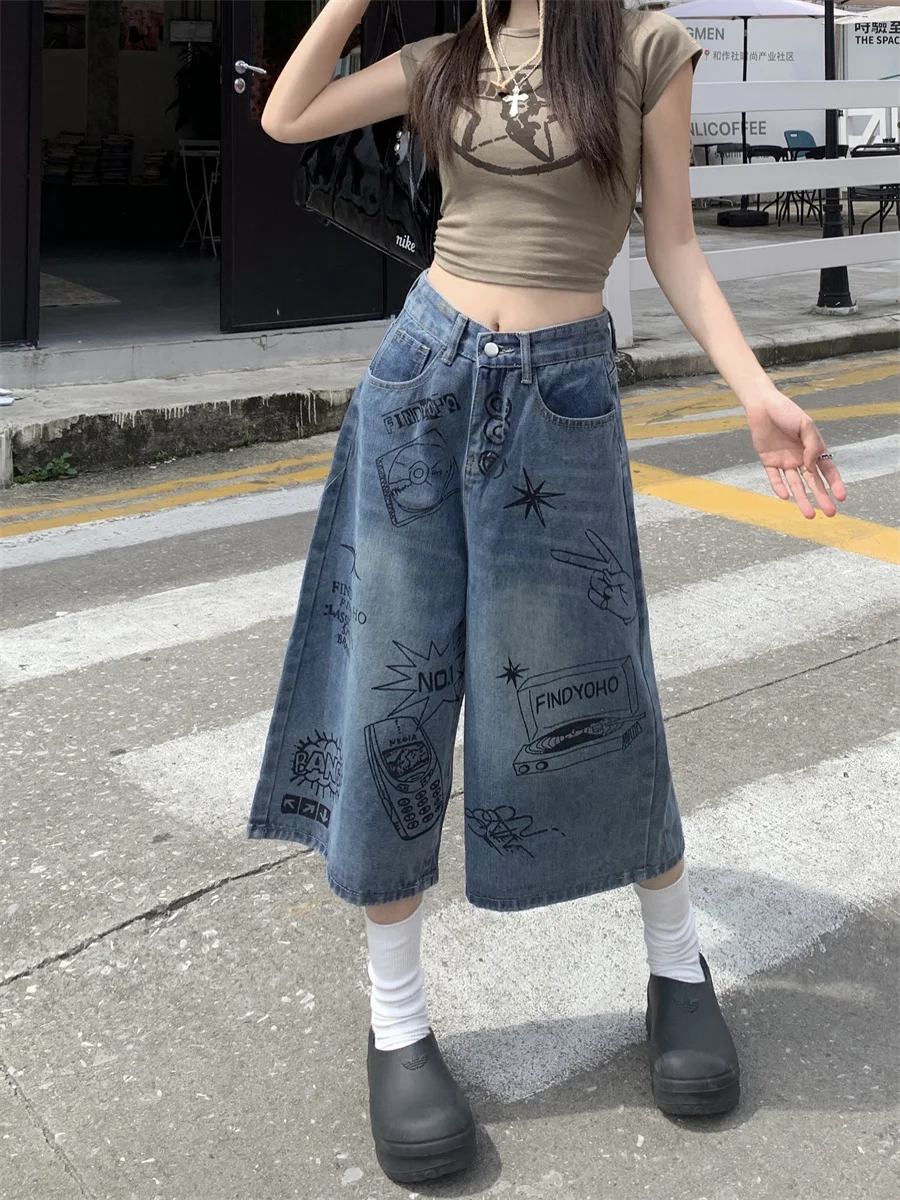 

Slergiri Summer american vintage graffiti jeans women fashion streetwear loose high waist female wide leg half pants