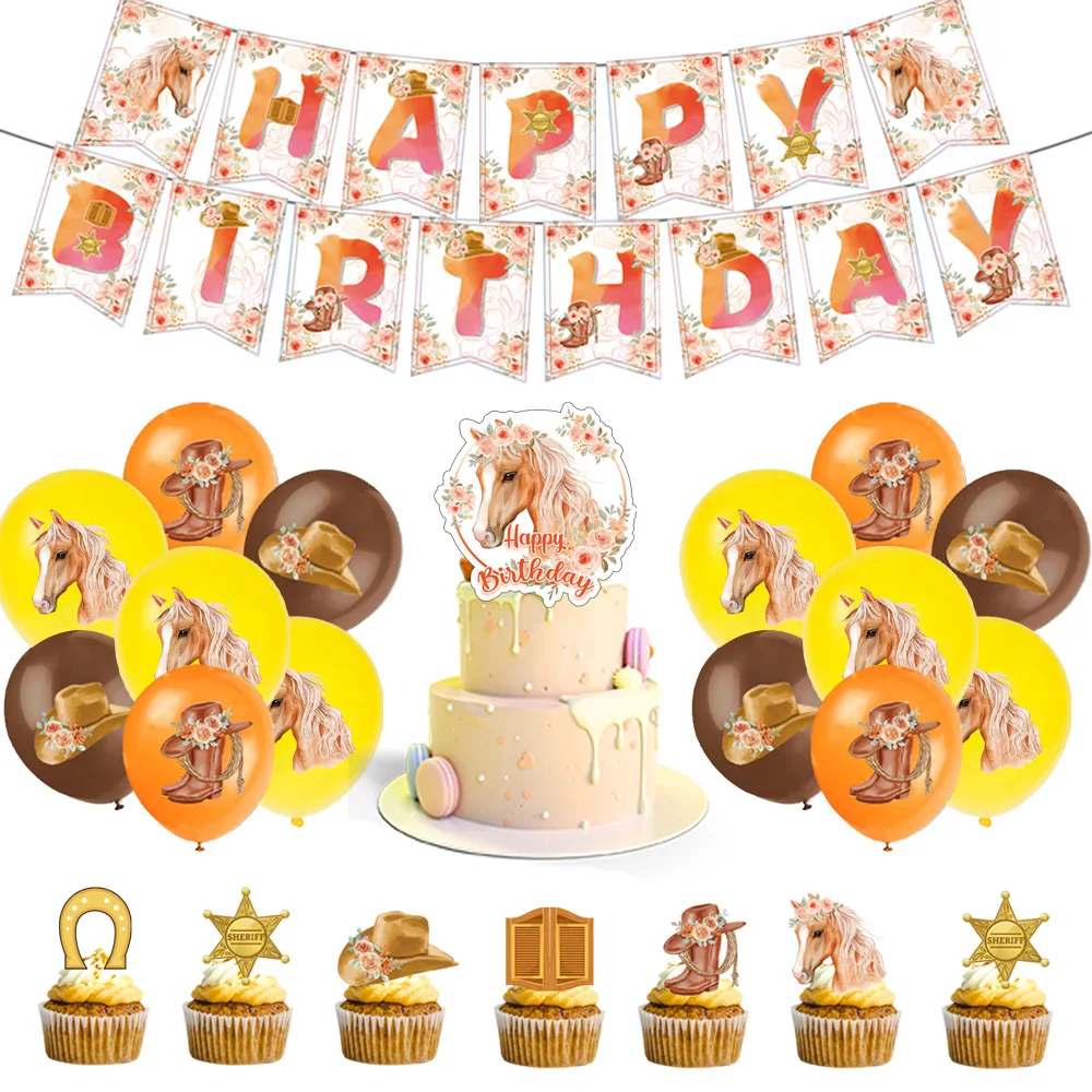 New Horse Birthday Party Decoration Supplies Set Girl Horse Decoration Happy Birthday Paper Tableware Balloon For Party Deco Kit