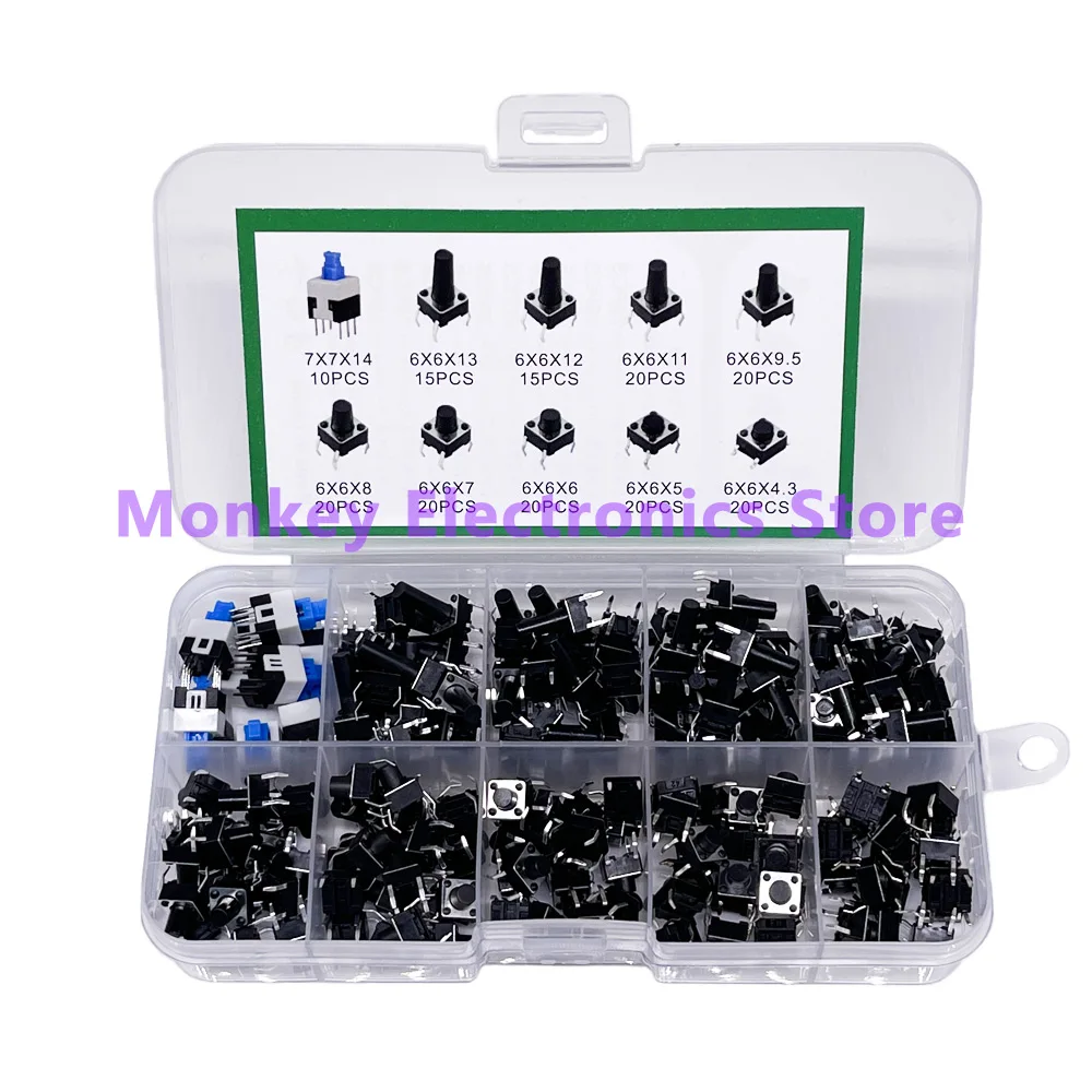 

100/180/200pcs 10Models 6X6 Tact Switch Tactile Push Button Switch Kit Height 4.3 5~13MM DIP 4P Micro Switch7*7*14 Self-lockin