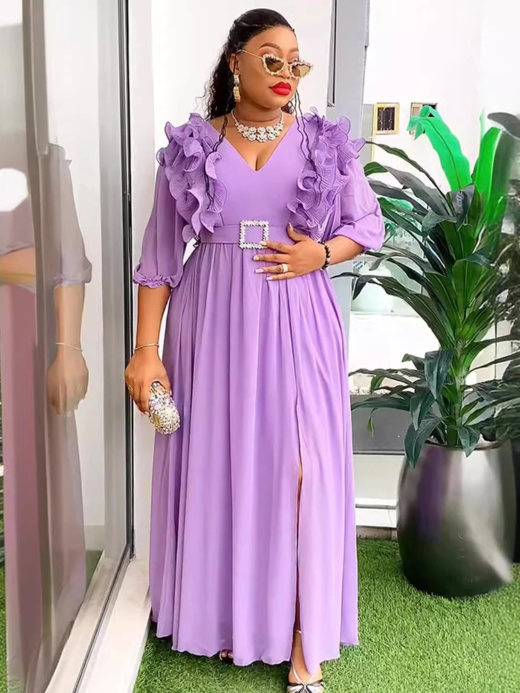 Summer Chiffon Long Dresses For Women V-neck Sexy Robe Wedding Party Evening Gowns African Dashiki Ruffle Robe Dubai Abayas