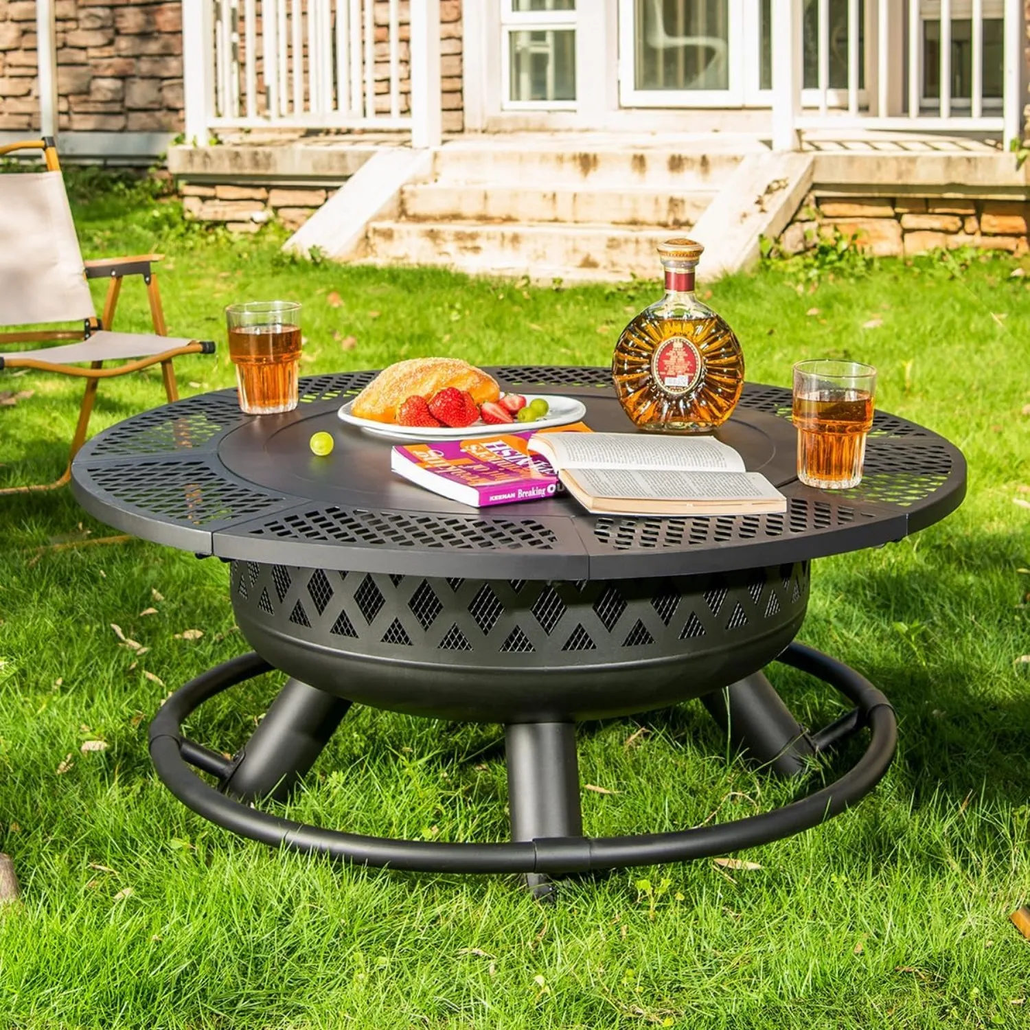 36 inch vuurplaats met grill, houtgestookte vuurkorven voor buiten ronde metalen vuurplaatstafel 3 in 1 met kookrooster zwart