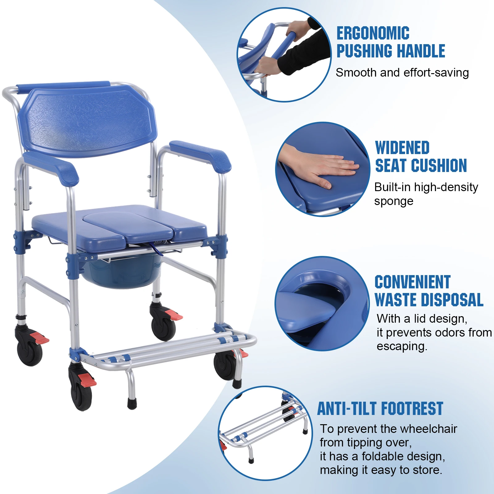 

3 in 1 Shower Seats with Drop Arms Lockable Casters Anti-Tilt Foldable Footrest Bathroom Toilet Chair Portable Removable Bucket