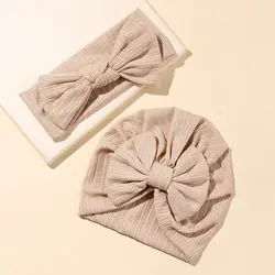 2Pcs/Set Baby Fabric Bow Headband and Hat Set Solid Color Baby Girl Turban Newborn Hair Accessories