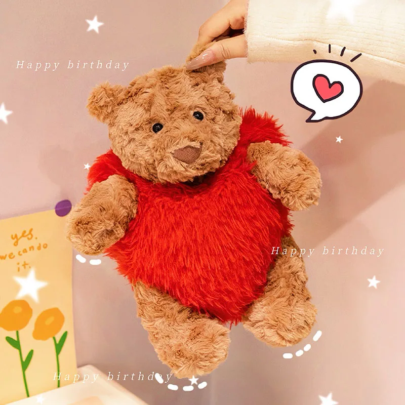 Creative Brown Bear Wearing Red Heart Stuffed Lovely Bear Baby Doll Sofa Pillow Holiday Celebration Cute Valentine'S Day Gift