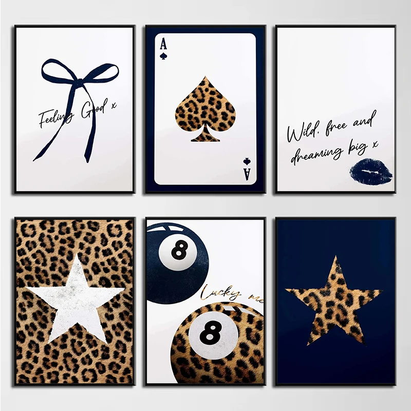 (2D canvas painting) Modern And Fashionable Leopard Print Pattern And Billiards Art Poster Canvas Printing Living Room Bedroo