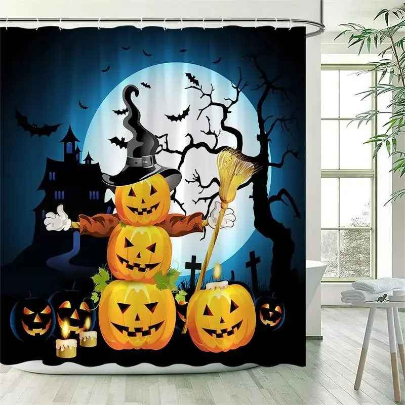 Funny Pumpkin Shower Curtains Black Cat Bat Castle Halloween Night Landscape Waterproof Fabric Bathroom Curtain Decor With Hooks