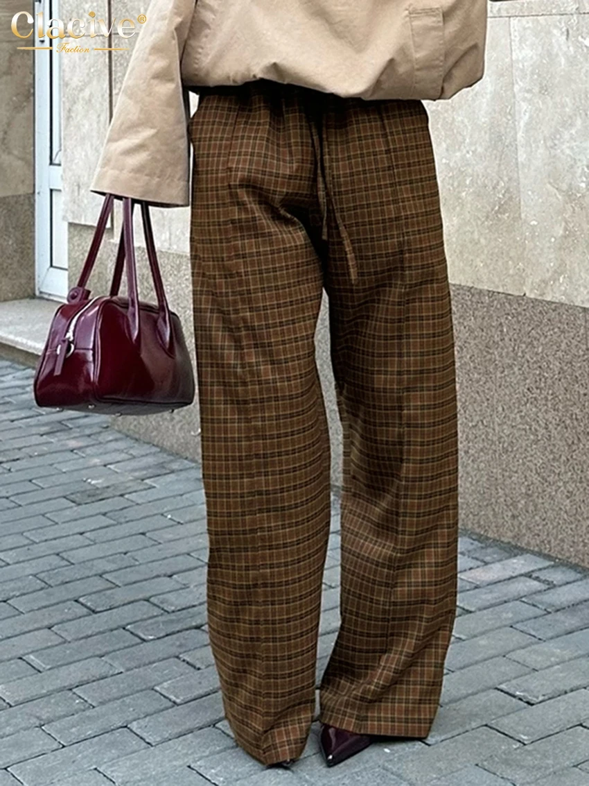 

Clacive Fashion Loose Plaid Women's Pants 2026 Casual High Waist Wide Trousers Elegant Classic Full Length Pants Female Clothing