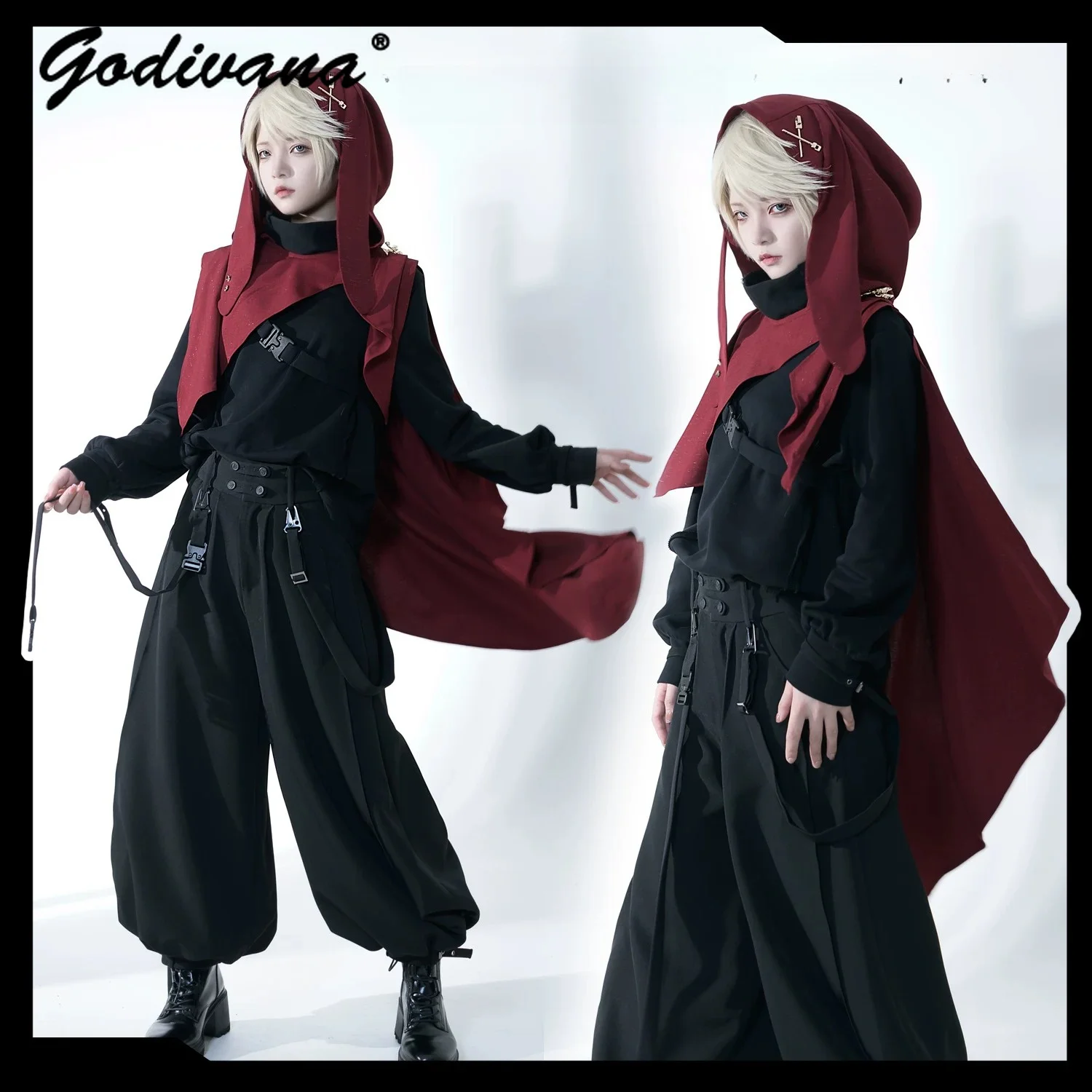 Functional Style Spring & Fall Dark Gothic Cool Handsome Turtleneck Black Sweatshirt Top Cropped Pants Hooded Shawl 3 Piece Sets