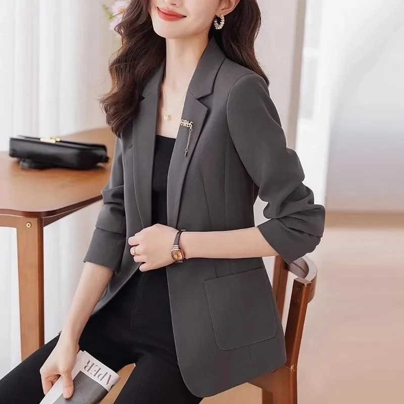 

Korean Ladies Solid Color Tops Coat 2025 Female Fashion Long Sleeves Blazer Outwear Spring Autumn Women Leisure New Suit Jacket