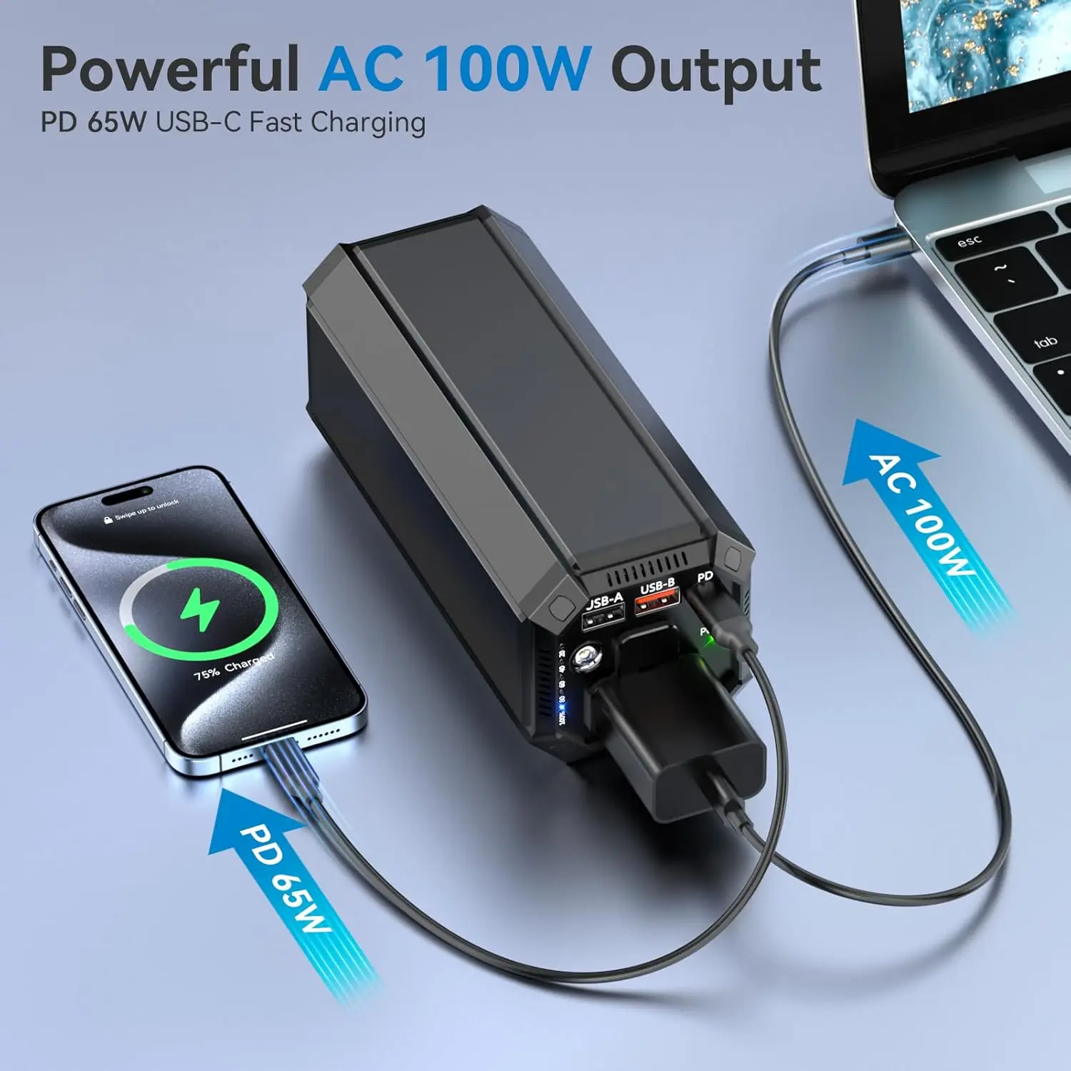 table Power Bank With Ac Outlet, 100W Portable Laptop Charger, 98Wh/27000Mah High Capacity With 65W Pd Usb C Laptop Battery