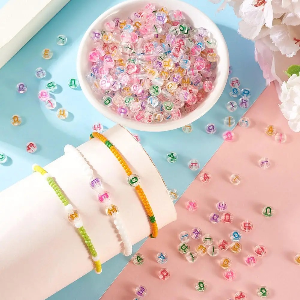 300Pcs 7mm Transparent Clear Acrylic Letter Beads Bulk Plastic Colorful Flat Round Vowel Beads