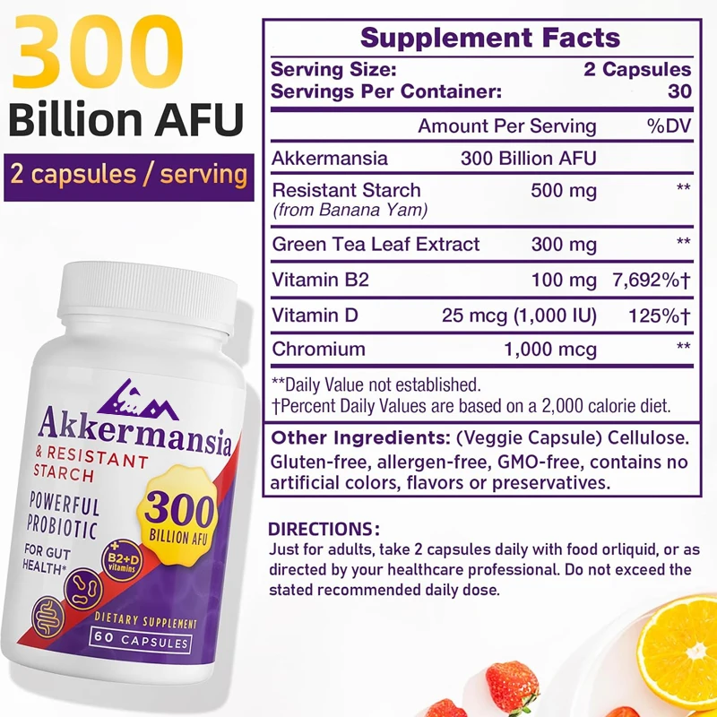 300 billion AFU Akkermansia Muciniphila, suitable for GLP-1, digestion, gut, immunity, and overall health -60 capsules