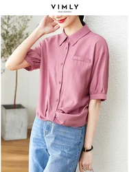 Vimly Summer Thin Casual Loose Shirts & Blouses for Women 2023 Solid Short Sleeve Button Down Dress Shirt for Office Ladies