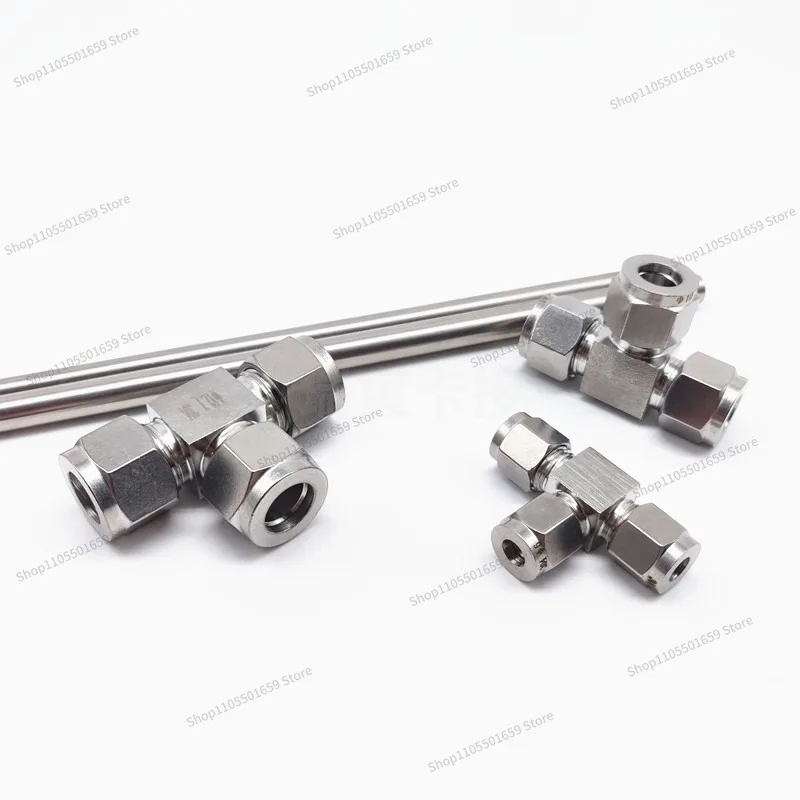 For 304 Stainless Steel Tee Middle Ferrule Joint, Equal Diameter Tee Double Ferrule Joint T-line Tee Middle Joint