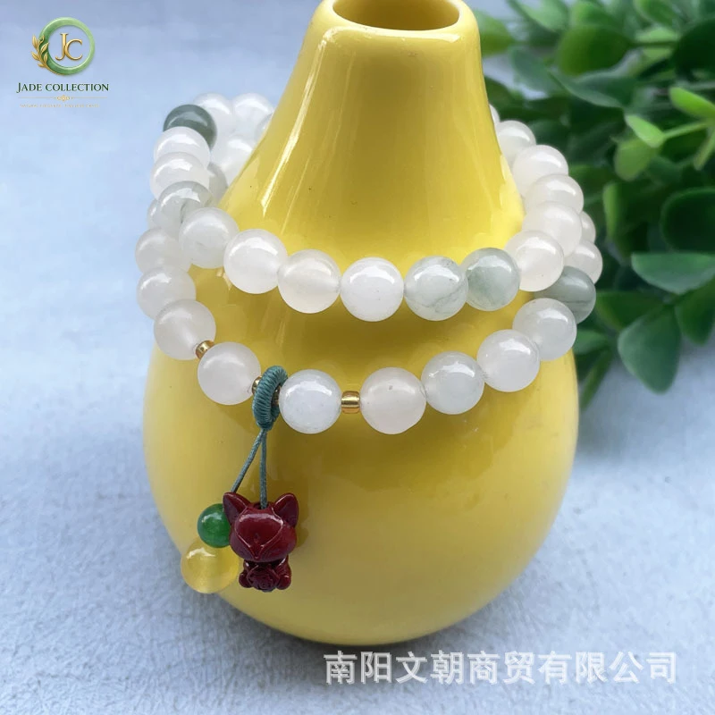 Tianshan green cinnabar bracelet, small fox gold silk jade double-loop bracelet, women's prayer beads, Buddhist beads, live stre