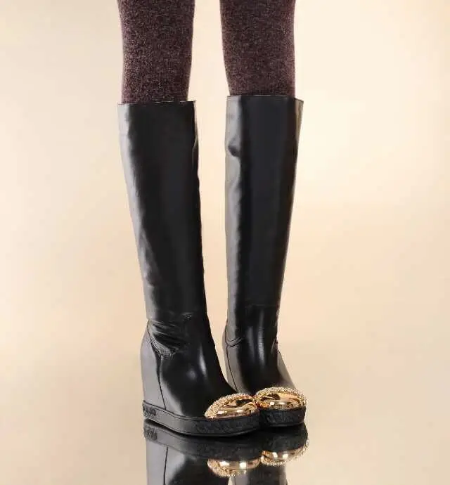 

Golden Metal Toe Inner Height Increasing Knee Boots Plush Winter Boots Women Hidden Wedge Slip On Black Leather Knight Boots