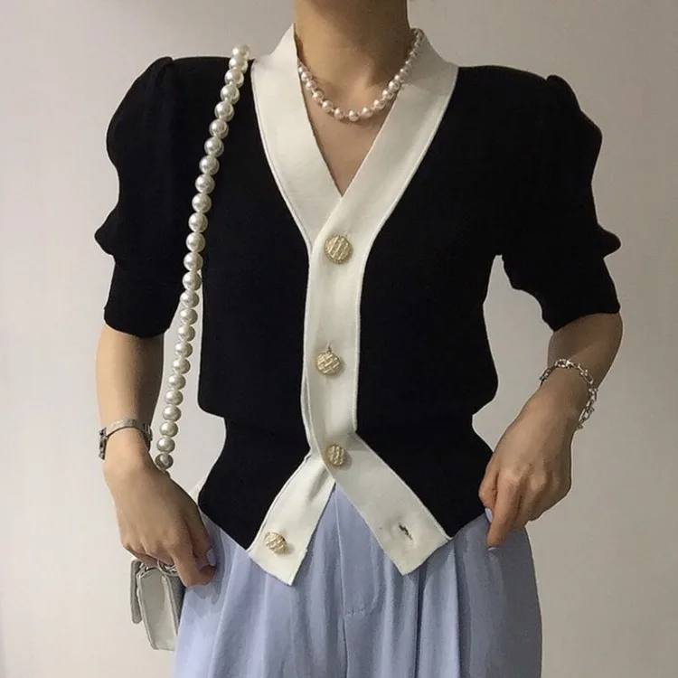 Elegant V-neck Black White Cardigan 2024 Summer New Single Breasted Tops Women Y2k Short Sleeve All-match Knitted Sweaters