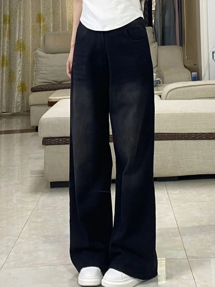 กางเกงยีนส์ทรงตรงขาบานไซส์ใหญ่สำหรับผู้หญิง  ฤดูใบไม้ร่วง ฤดูหนาว ทรงหลวม เอวสูง ช่วยให้ดูผอม  ขายาวถึงพื้น