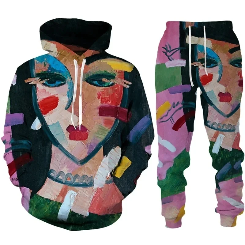 

New 3D Printing Couple Abstract Face Fashion Men Women Tracksuits Crewneck Hoodies+pants Plus Size S-7XL Men Clothing