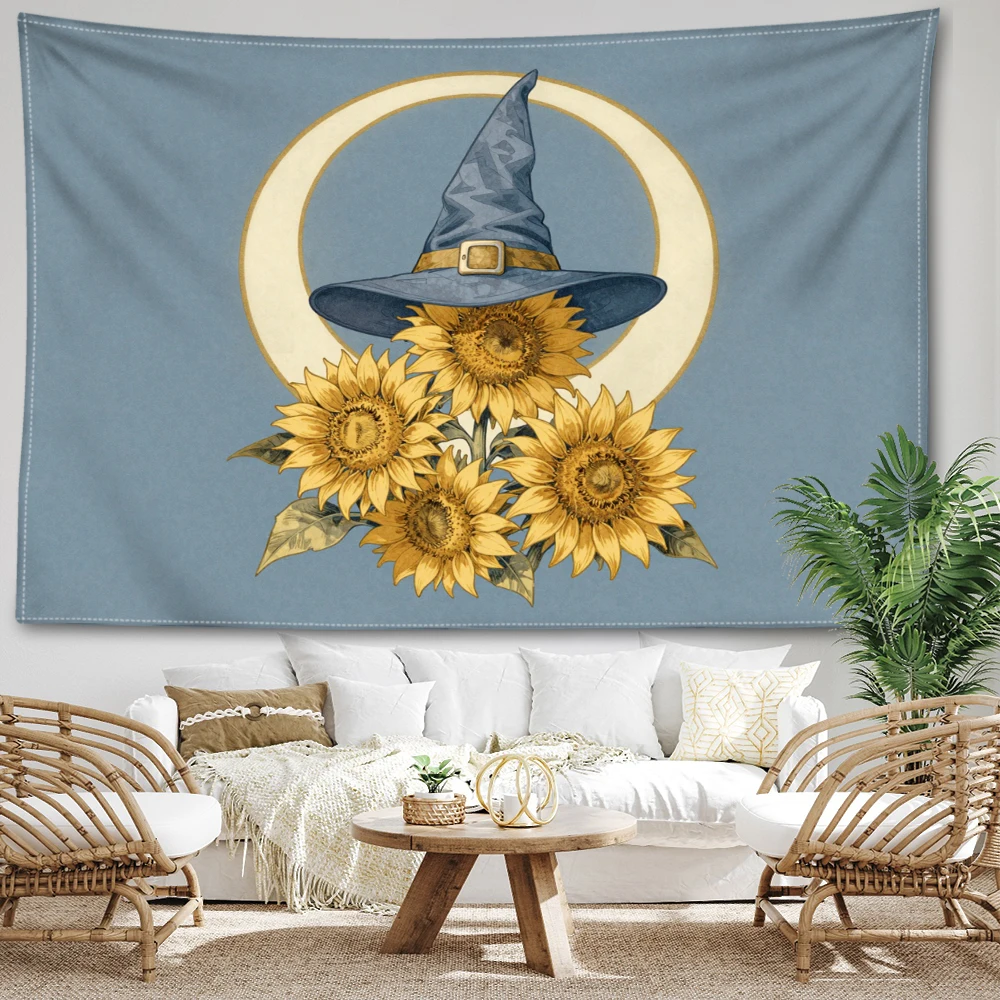 Grey Blue Crescent Moon Pointed Hat Sunflower Wall Tapestry, Boho Decor