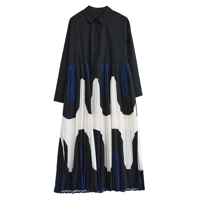 ربيع الخريف الكورية الفنية فضفاضة حجم كبير طباعة ضئيلة الربط منتصف طول الركبة فوق طويلة الدكتور المرأة مستقيم القطن... #5