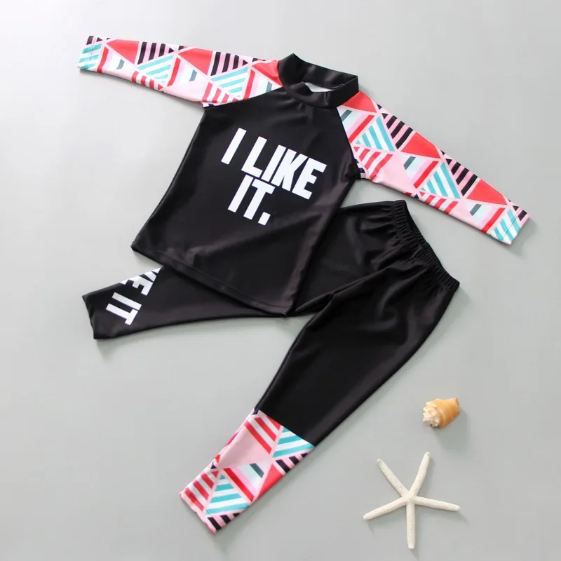 Summer Children's Two-piece Swimsuit Boys Girls Long Sleeve Letter Print Sunscreen Quick-Dry Beachwear Baby Surfing Swimwear