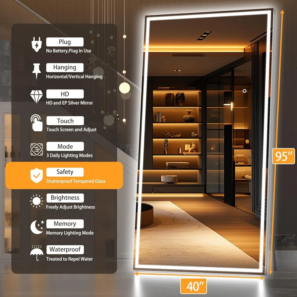 Full Length Mirror with Lights,Tempered Lighted Floor Standing LED Mirror Full Length, Full Body Mirror with Dimming