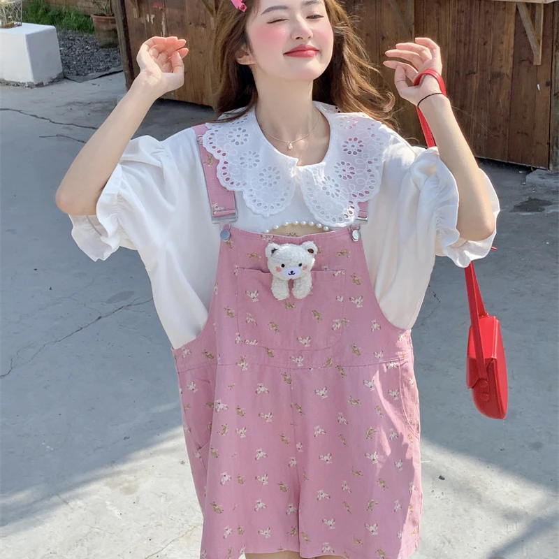 Korean Style Sweet Lady Jumpsuits with Pockets Pink Wide Legs Female Students Playsuits Loose Women's Rompers Summer Playsuits