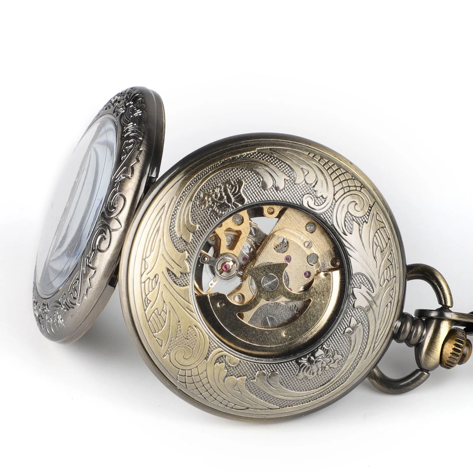 Vintage Style Roman Number Dial See Through Bronze Tone Case Mechanical Pocket Watch Men Skeleton Dial Manual Wind 14.8in Chain