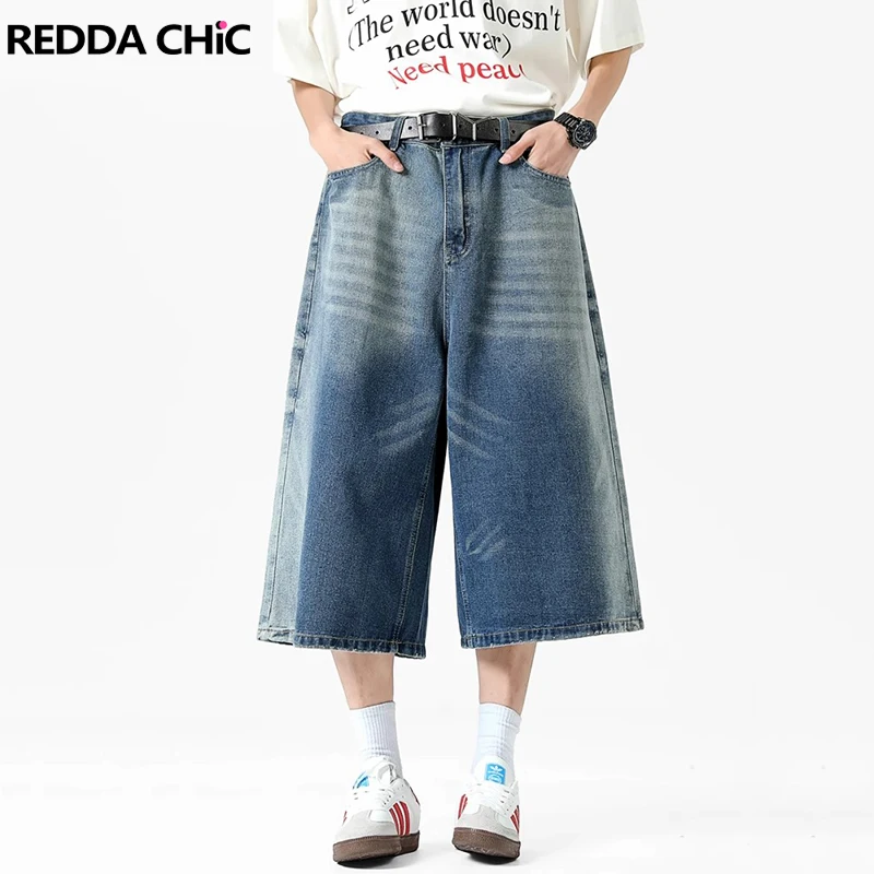 

REDDACHiC Мужские мешковатые джинсовые шорты с эффектом омбре, старые усы, с низкой талией, прямые широкие брюки-бермуды, уличная одежда в стиле хип-хоп, ретро