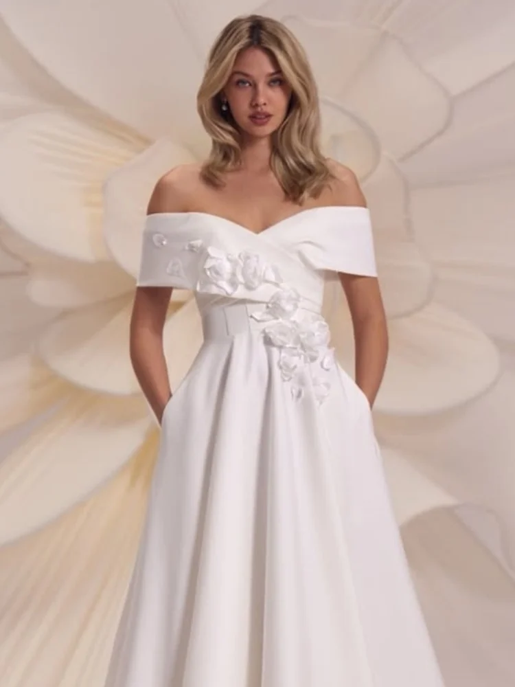 Custom Vestido De Novia Off Shoulder Satin A Line Wedding Dress Floral Appliques Hidden Pockets Simple Court Train Bridal Gown