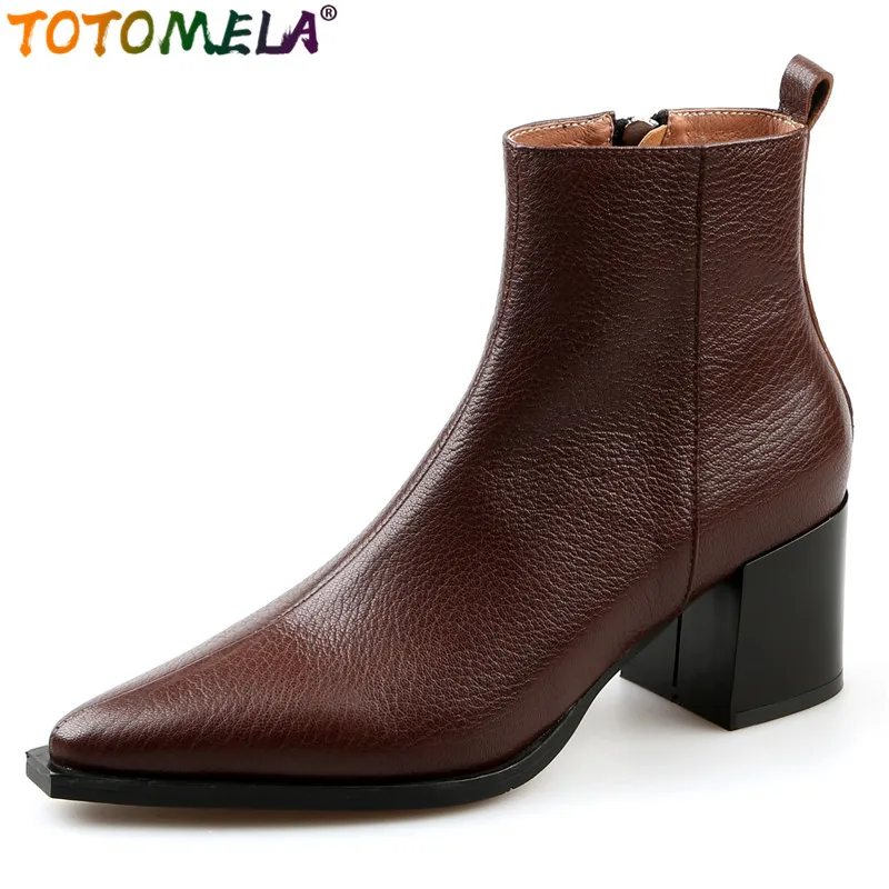 

TOTOMELA Size 34-40 Nature Genuine Leather Boots Women Pointed Toe Chunky High Heels Ankle Boots Zipper Ladies Office Shoes