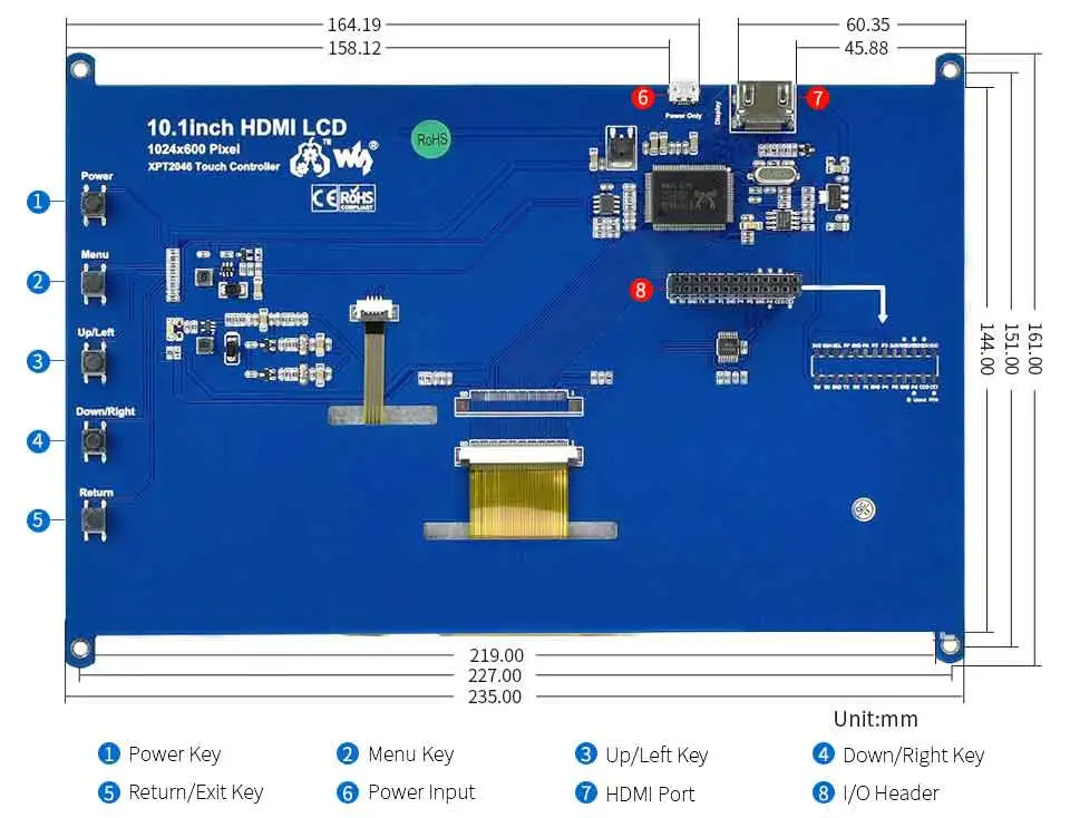 PC/Raspberry Pi 10,1-calowy wyświetlacz LCD Pojemnościowy interfejs HDMI Ekran dotykowy 1024px * 600px Dla Raspberry PI4B/3B/3B+/Zreo