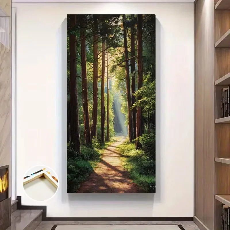 1 pièce (sans cadre), 1 pièce sans cadre, grande toile murale sur le thème du chemin forestier - Paysage serein avec de grands arbres et la lumière du soleil, imprimé de feuillage vert paisible