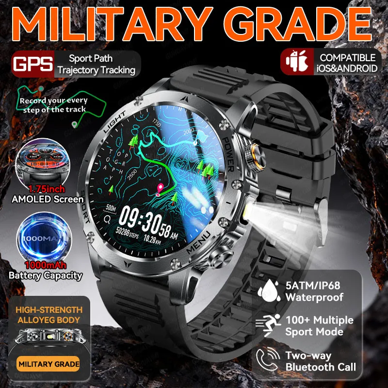 Смарт-часы в стиле милитари с аккумулятором 1000 мАч, мужские 5 АТМ, водонепроницаемые, GPS, Bluetooth, вызов, AMOLED, мужские спортивные фитнес-трекеры, умные часы