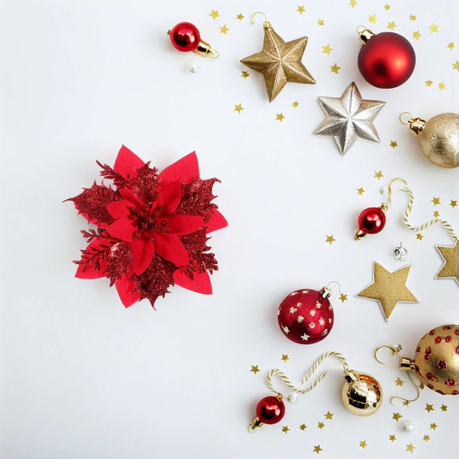 

12pcs Christmas Floral Decorations Glitter Poinsettia Flowers Lightweight Easy Assembly Clips Stems Party Home Wedding Tree