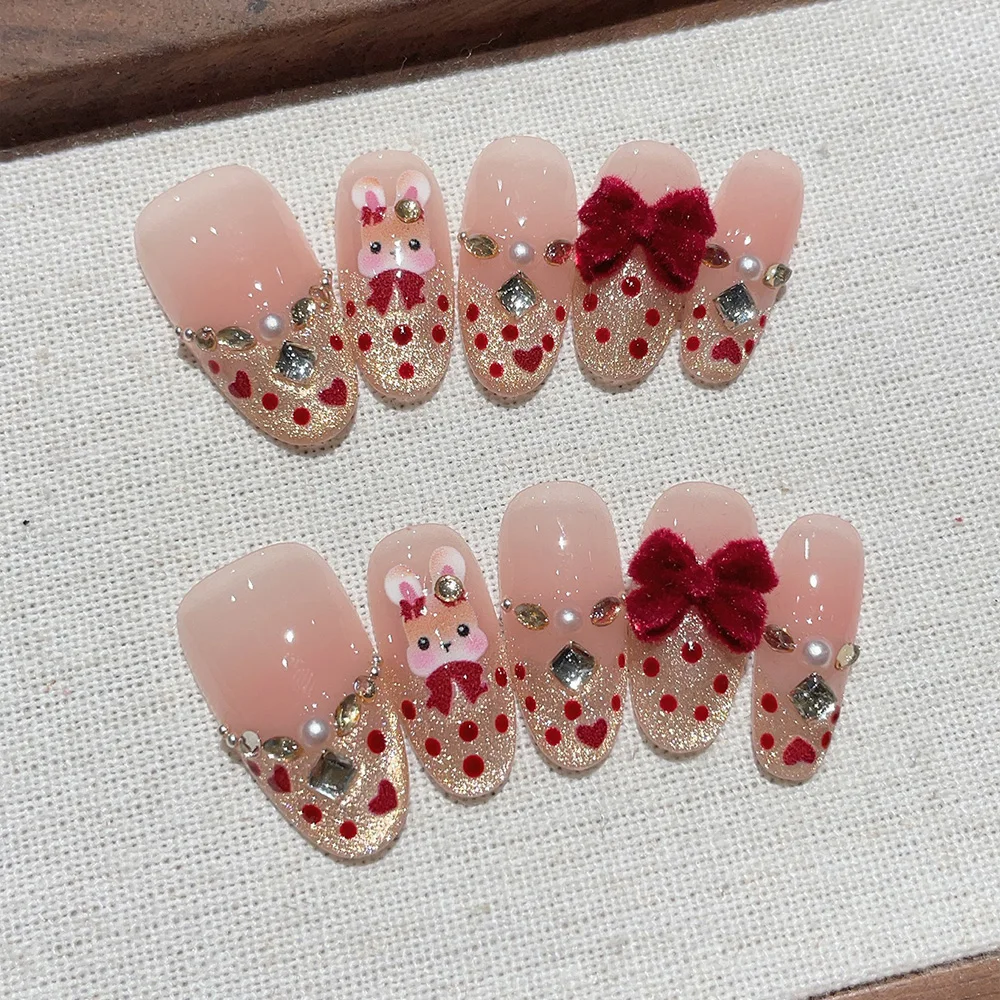 10pcs Medium Oval Handmade Press On Nails Kit, Nude Gradient Fake Nails, Sweet Cute Wearable Nail Art, Little Rabbit, Bow