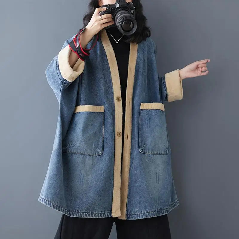 

Dimanaf 2024 Winter Denim Denim Jacket Thick Coat Casual Long Sleeve Women Loose Blue Patchwork Vintage V-Neck Tops