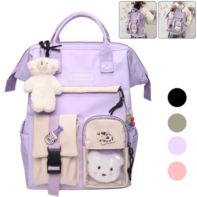 Mochila escolar de nailon para chica adolescente, mochila de viaje con colgante de oso Kawaii, impermeable, para acampar