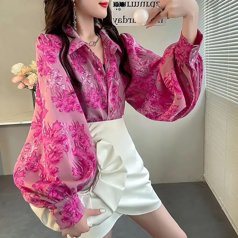 Ladies Temperament Printing Chiffon Turn-down Collar Lantern Sleeve Blouse Spring Korean Buttons Loose Cardigan Women\'s Shirt