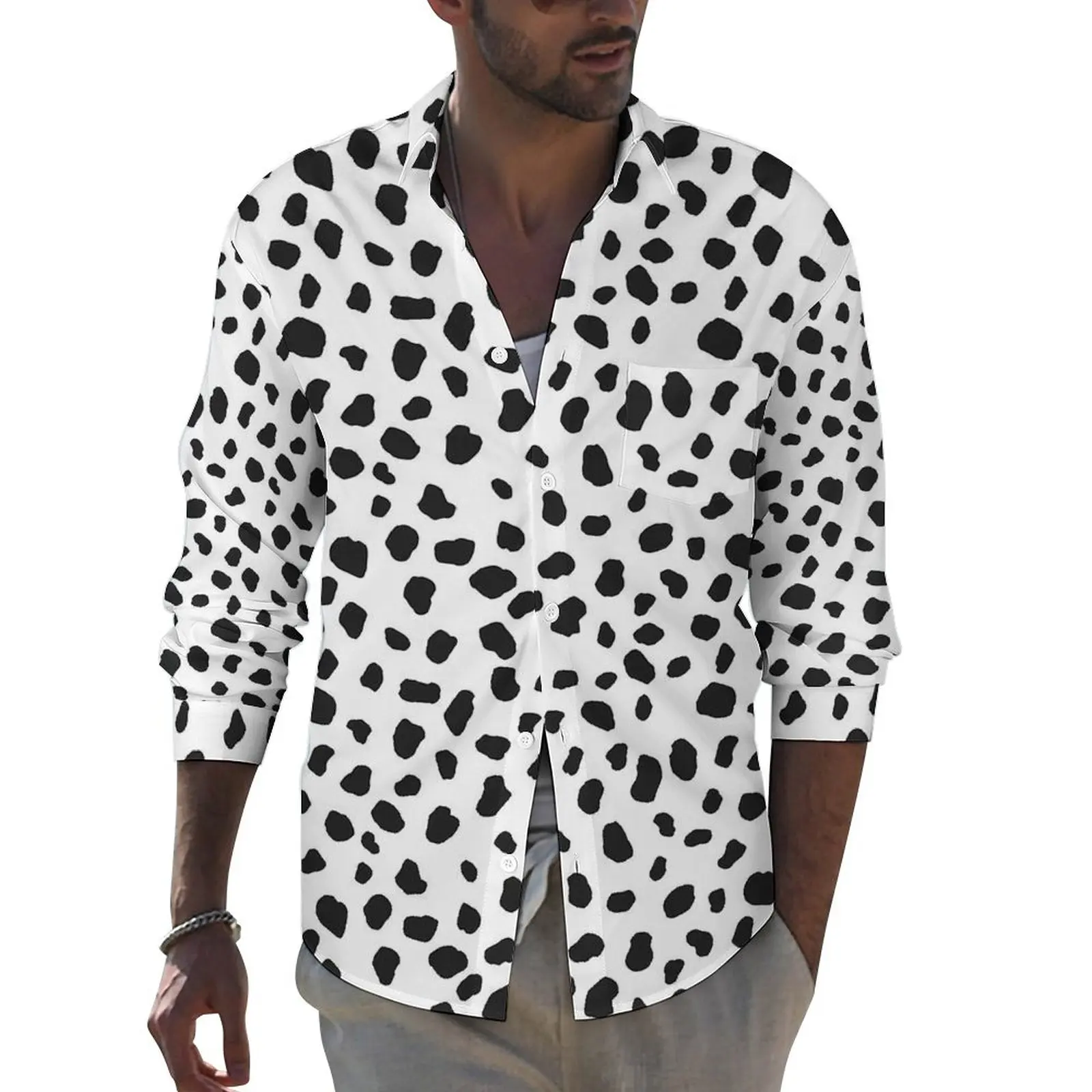 Dalmatian Shirt Spring Spotted Animal Print Casual Shirts Men Fashion Blouses Long Sleeve Design Y2K Clothes Plus Size