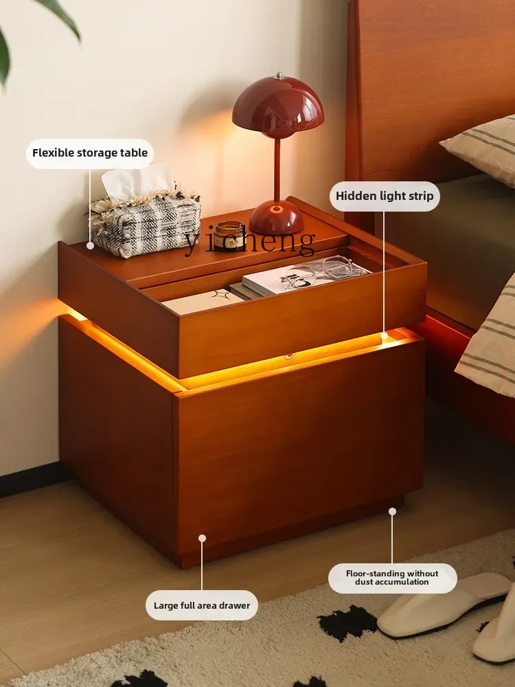retro solid wood bedside table side cabinet bedroom locker with light strip log furniture