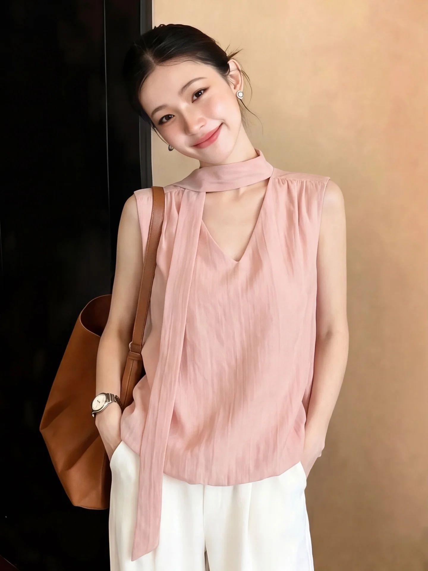 

Loose V-Neck Sleeveless Chiffon Shirt Women Summer Lazy Style Neck Hanging Sash Thin Top Comfortable Breathable Korean Style
