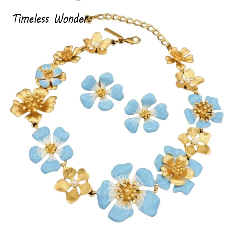 

Timeless Wonder Fancy Enamel Geo Floral Necklace N Stud Earrings for Women Designer Jewelry Sets Luxury Brand Runway Rare 7564