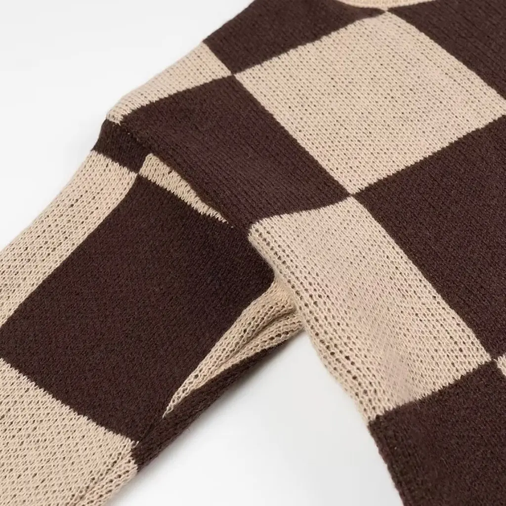 

Women's Fashion round Neck Long-Sleeved Knitwear Winter European American Style Checkerboard Loose Fit Open Cardigan